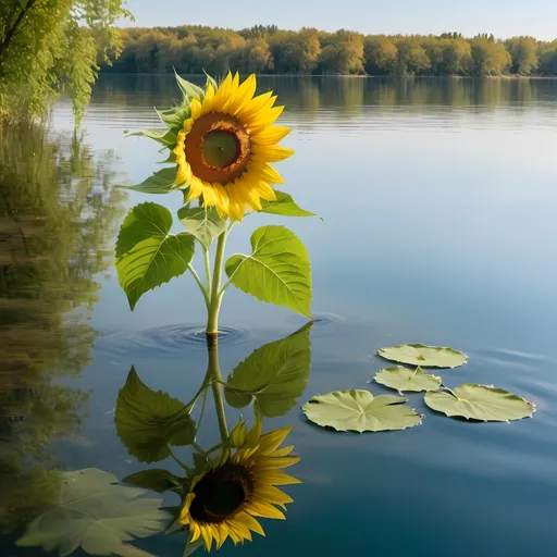 Prompt: A branch of a sunflower above the surface of the lake water, with some green leaves scattered around it, and in the background some beautiful trees with the reflection of sunlight and the color of the sky on the lake water.