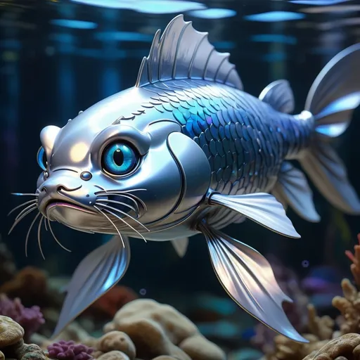 Prompt: (futuristic catfish), strong metallic body, blue or silver metallic colors, shimmering scales, LED panels on fins, holographic eyes, vibrant underwater scene, ethereal light reflections, high contrast, ultra-detailed, cinematic ambiance, surreal environment, perfect blend of nature and technology, evolution of aquatic life, 4K quality.