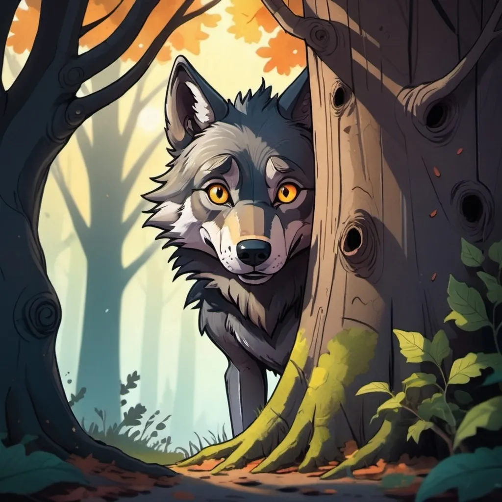 Prompt: portrait landscape  with 
cartoon wolf hiding behind tree peeking out kind of scary  day 


