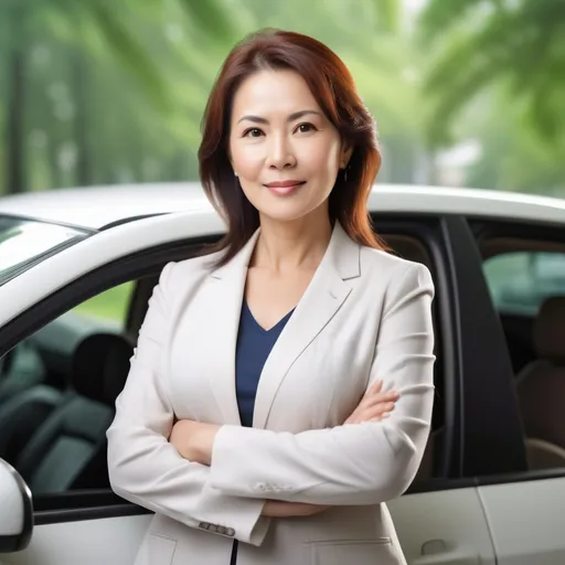 Prompt: create an image of a woman who sells life insurance, car insurance, the woman has to be middle-aged, beautiful and confident in what she says 