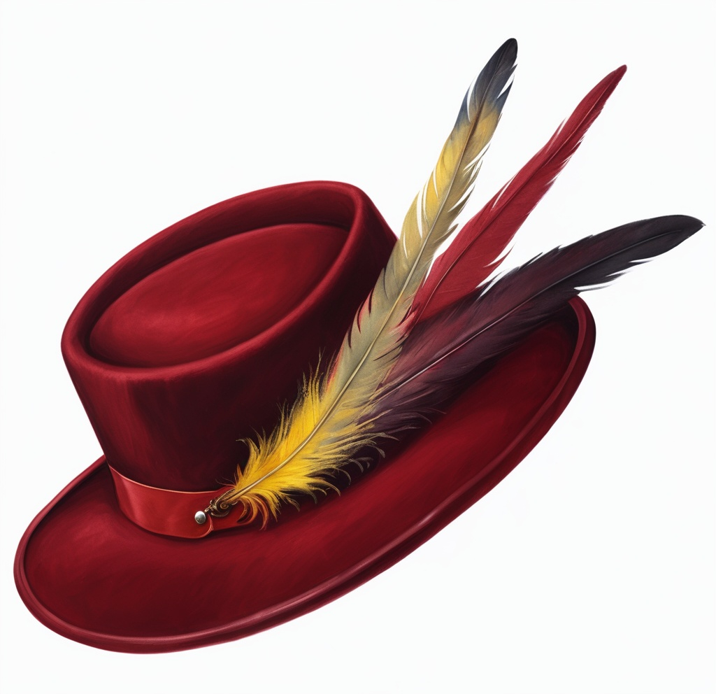 Prompt: Painting of a deep red hat with a yellowish feather in the side