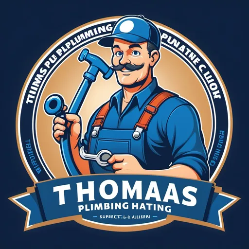 Prompt: a logo for a plumbing company with a man holding a pipe and a wrench in his hand and a blue banner with the words,'thomas plumbing & heating ', Allen Tupper True, superflat, spectacular quality, a digital rendering