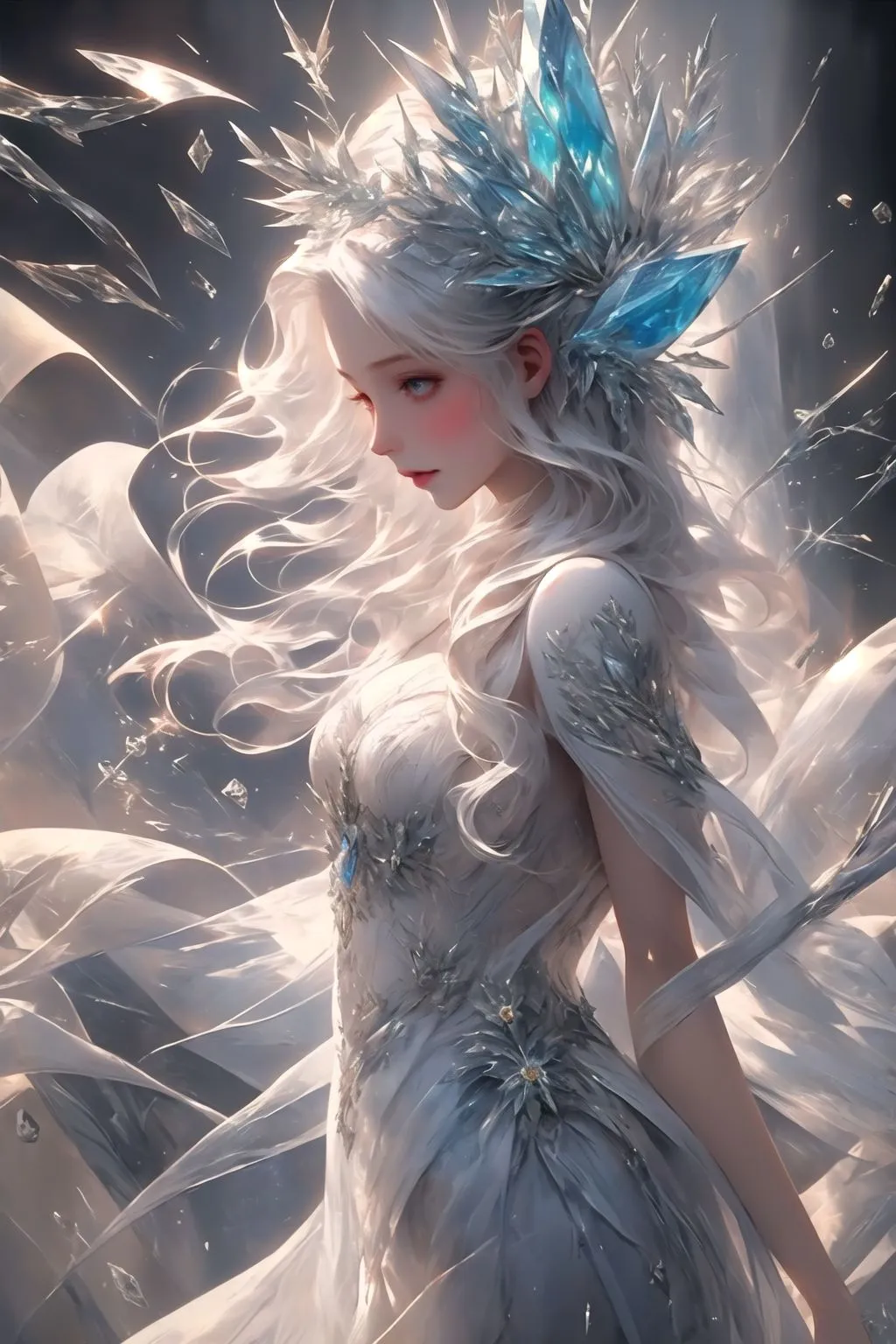 Prompt: masterpiece, realistic, 1 girl, swedish, white hair, frosty, ice, snow, blue ice gown, blue and white coloring, ice queen, high resolution, by wlop