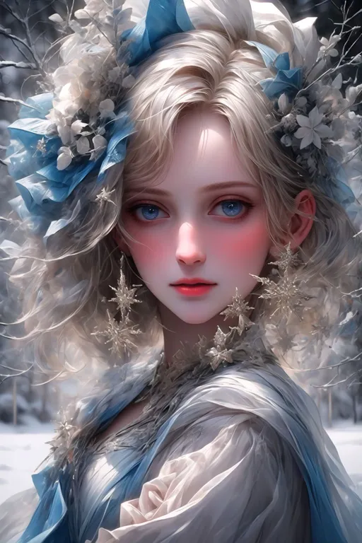 Prompt: masterpiece, realistic, 1 girl, swedish, white hair, frosty, snow, blue  gown, blue and white coloring, magical wind, high resolution, by wlop, <lora:more_details:1>, detailed face, extreme detail, european face