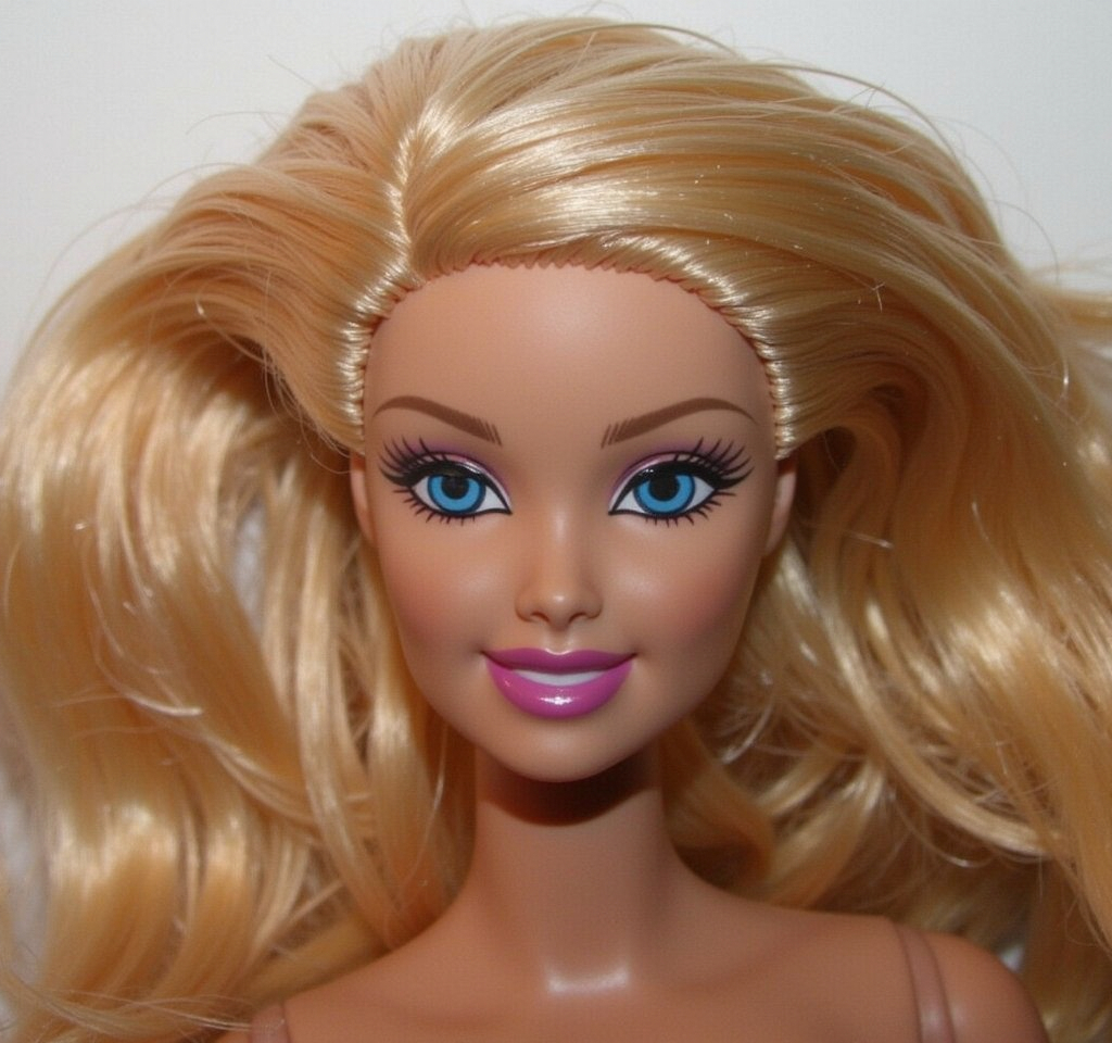 Prompt: 2010 Barbie doll as a human, With the exact same proportions & features, HD detailed face closeup.