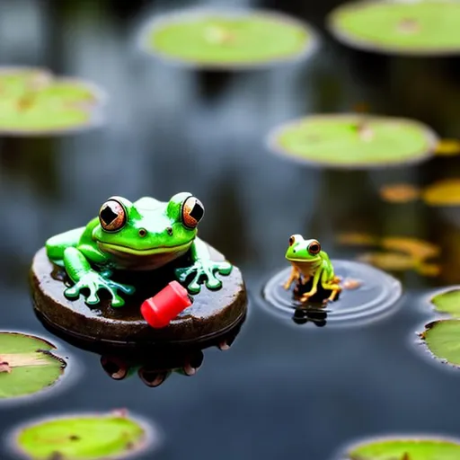 Prompt: frog in pond holding a device