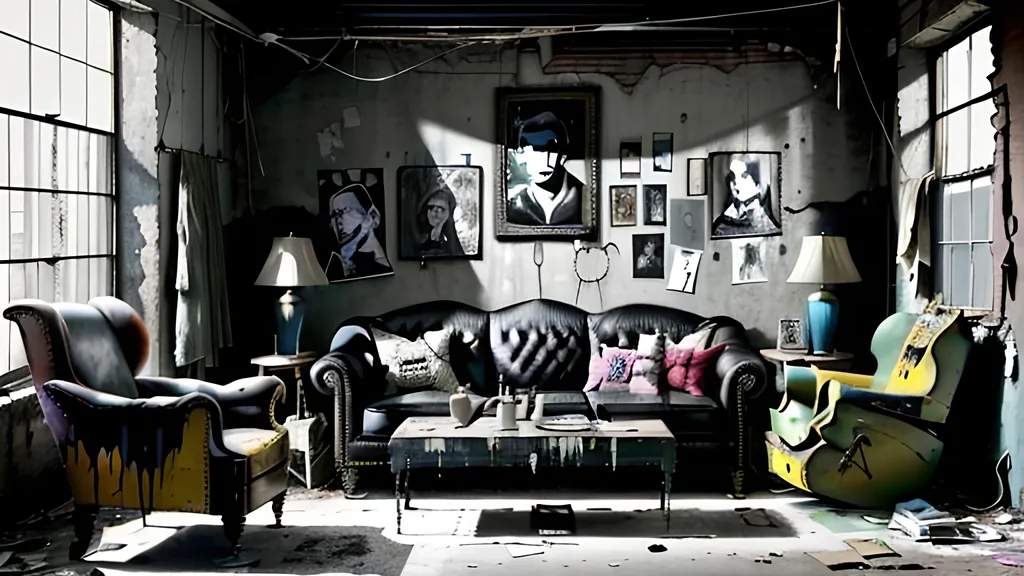 Prompt: Step into the world of antique grunge punk- a juxtaposition of old and new, banksy works of art, Balenciaga sweaters hang with paint dripping from them.famous artists like warhol, basquiat, svador dali sit around on the couch with blank stares. vintage and modern. High definition, 8k .Imagine a deserted, dilapidated industrial space filled with vintage furniture,  Paint  is smudged,  raw and edgy look.  into the distance,a hope for change, for a better future. This is the world of antique grunge,  found in the most unexpected places.