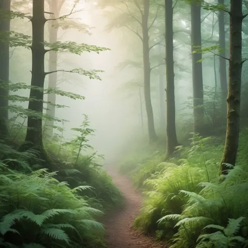 Prompt: Create an image featuring a serene and mystical forest enveloped in mist. The forest should have tall, majestic trees with lush, green foliage. The mist should be dense enough to create an ethereal atmosphere, with wisps of fog weaving through the trees and slightly obscuring the background. The colors should be predominantly various shades of green and grey, with a soft, diffused light filtering through the mist, adding a touch of warmth and magic to the scene. The overall feel should be tranquil and inviting, perfect for a nature-themed Etsy shop.