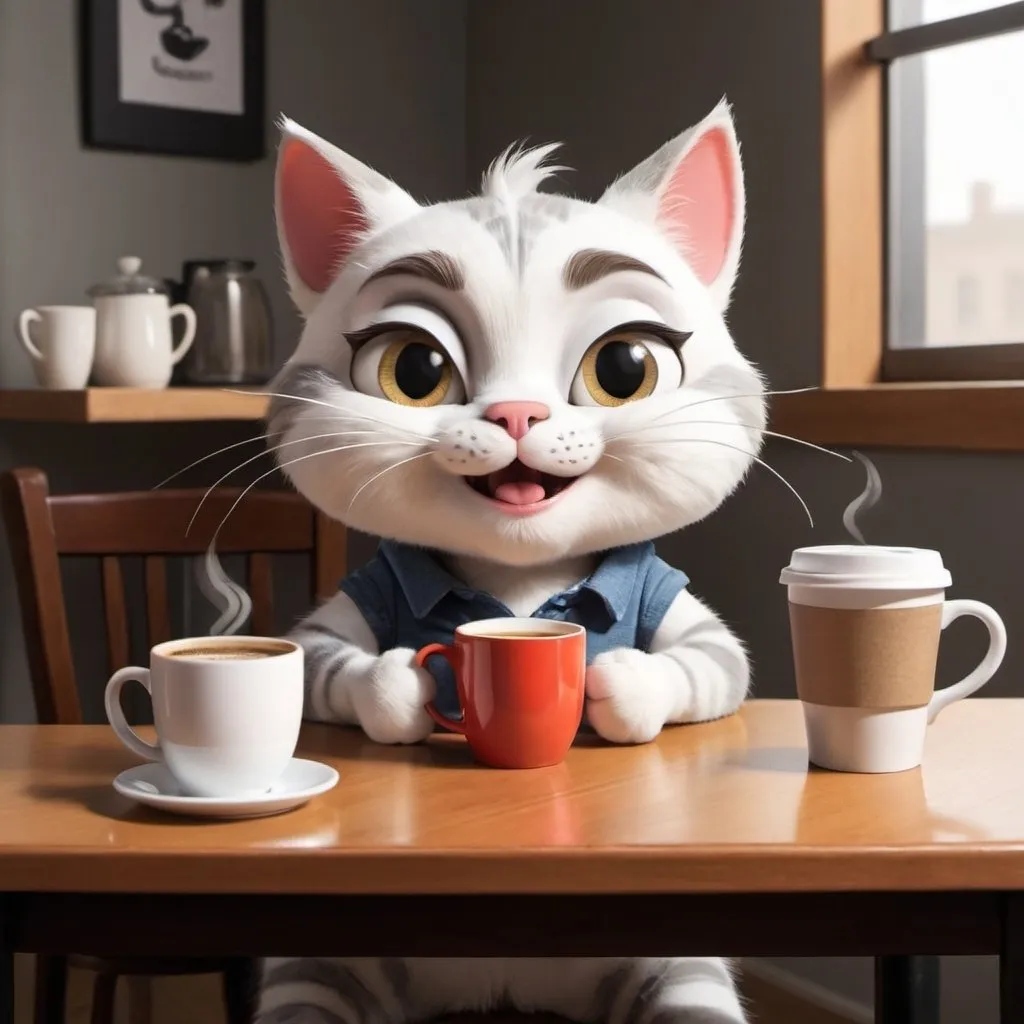 Prompt: A cartoon cat sitting in a table pumped up on coffee, holding a coffee mug.