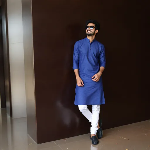 Prompt: A young man stands confidently against a textured dark brown wall, donning a stylish blue kurta with subtle texturing, complemented by white trousers that create a sharp contrast. His black sunglasses add a contemporary flair, giving him a cool demeanor as he gazes slightly upward with a slight smile, conveying a sense of poise. The setting appears to be indoors, with polished tiles underfoot reflecting a bit of overhead light, while the overall ambiance hints at a casual yet fashionable atmosphere. Bits of debris on the floor suggest a recently visited or busy space, potentially a public area or gathering spot. The interplay of colors and textures, along with the man’s relaxed posture, creates a vibrant snapshot of modern cultural attire blended with personal style.