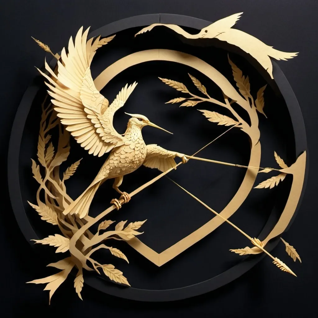 Prompt: a mockingjay holding a arrow with it's beak, golden style