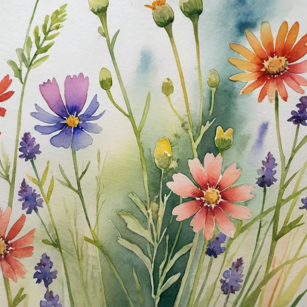 Prompt: a close up picture of wildflowers pained in watercolor