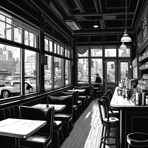 Prompt: coffee shop, New York, detailed, dark colors, dramatic, graphic novel illustration,  2d shaded retro comic book