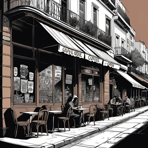 Prompt: coffee shop with street tables, Buenos aires argentina, detailed, dark colors, dramatic, graphic novel illustration,  2d shaded retro comic book