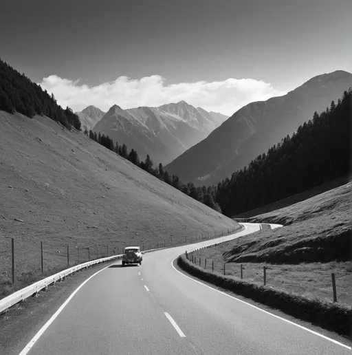 Prompt: black and white photo of a road in the mountains with a single car 


