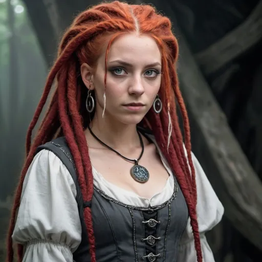 Prompt: 25 year old female sorceress, red dreadlocks, with one white lock of hair, haunted grey eyes, wearing a trackers dress.