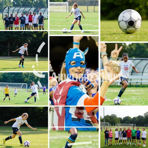 Prompt: This image is a collage composed of various photographs related to girls and women's soccer, arranged in a grid pattern with a total of 36 squares. The top left square features a group of people standing and cheering, while the top right square shows a close-up of a soccer ball. The middle left square contains a player in mid-kick, and the middle right square depicts a player in a dynamic pose, with one leg raised and the other on the ground. The bottom left square shows a player in a high kick, and the bottom right square has a group of people standing in a stadium, with a soccer field in the background. 

Ensure you keep the color of the images provides.  Include blocks of white, randomly placed, overlapping parts of the photos. Placing the American Hero image at the center taking up 50% of the total artwork, also overlapped 

The overall texture is smooth due to the photographic medium, and the style is documentary, capturing moments of action and movement in soccer.