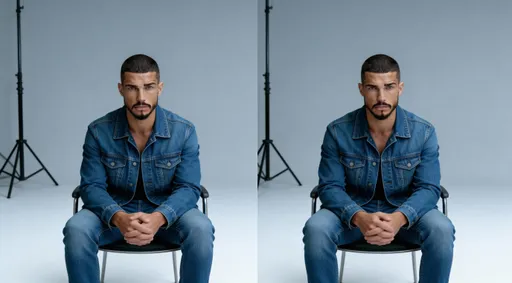 Prompt: He sit on a chair looking to a camera. He wearing a blue denim jeans and jacket. 