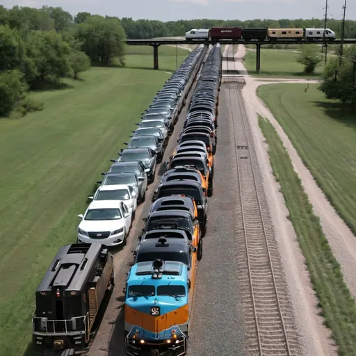 Prompt: a line of cars on a locomotive