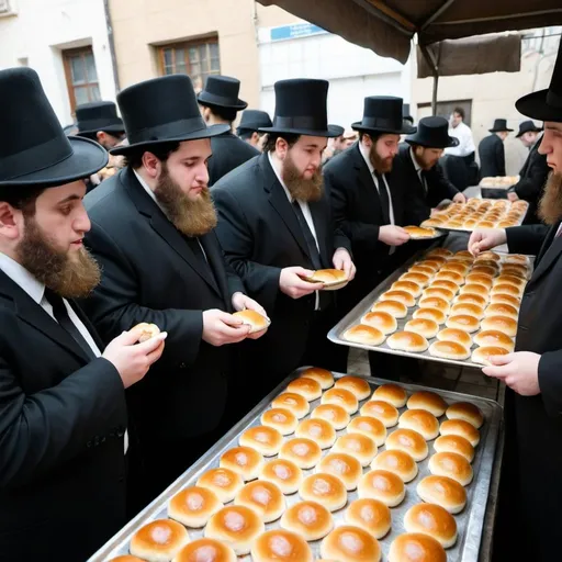 Prompt: Dozens of fat orthodox Jews with hats and suits are eating hot buns that the baker takes out of the oven,