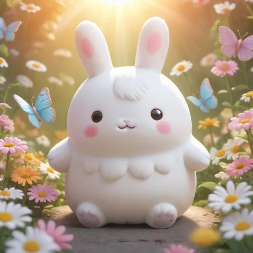 Prompt: (molang character), adorable and cartoonish, soft pastel colors, (playful expression), plump body, sitting surrounded by cute, whimsical objects like flowers and butterflies, serene and cheerful atmosphere, softly blurred background with a gentle sunlight glow, engaging in charming playful antics, (highly detailed) and vibrant, 4K resolution, ensuring a delightful and enchanting image.