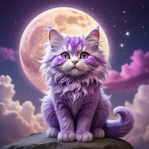 Prompt: (purple cat), whimsical design, (playful pose), vibrant colors, sparkling eyes, fluffy fur, soft shading, fantasy elements, cheerful ambiance, imaginative background with colorful clouds and a shimmering moon, magical atmosphere, intricate details, ultra-detailed, HD quality.