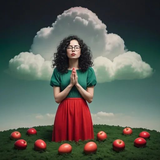 Prompt: 30 years old woman with black long curly hair, round face, green dress, black glasses, full length, closed eyes, prayer, fade face ,hyacinth flowers, red apples, colorful eggs, small red fishes, dark background, cloud on her face, far away minimal, surrealism