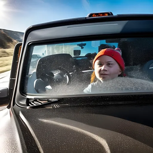 Prompt: close view through windshield of Greta Thunberg driving a huge, 4 x 4 pick up truck