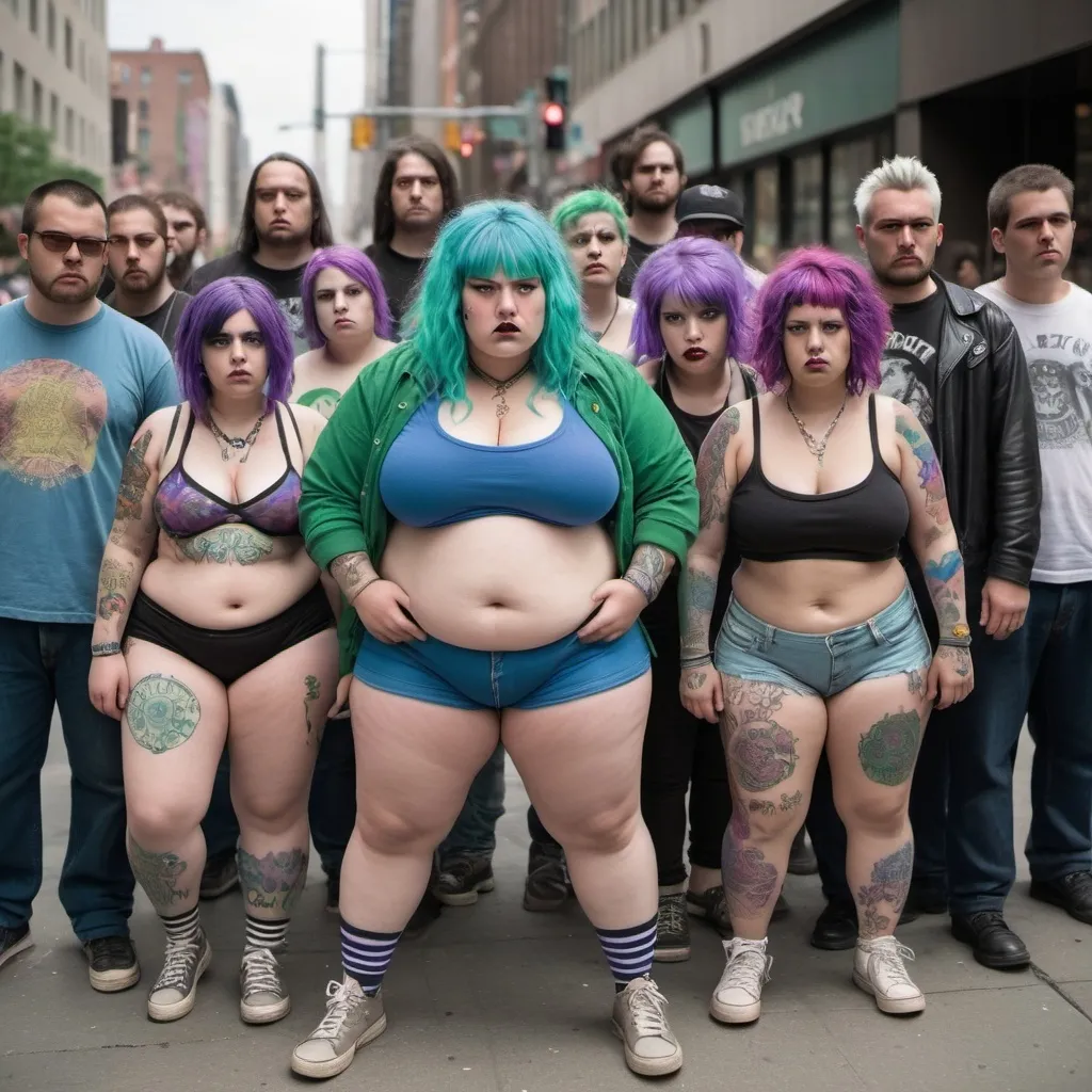 Prompt: on a dirty street corner in a big city there are several people standing on the sidewalk, a few of them are chubby, they all have green, purple & or blue hair, they have body piercings, and some really horrible tattoos, they appear to be angry, and scowling, they appear to be protesting, they are also wearing bizzare multii colored clothing, Solomon "Sol" LeWitt style