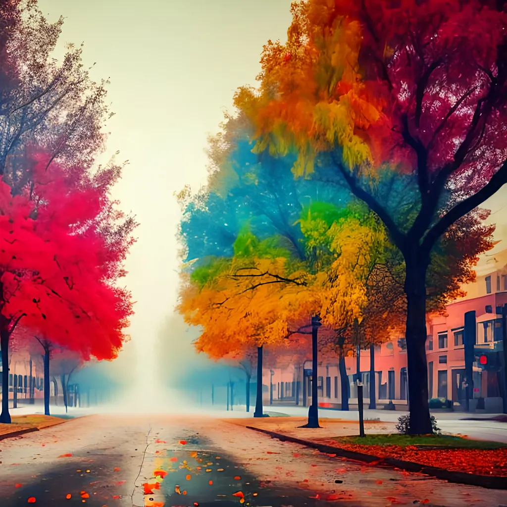 Prompt: Color splash wide photo of colorful fall tree in the middle of empty street, detailed, mist, soft
vignette