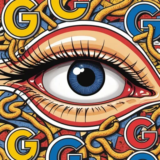 Prompt: parasitic worms are crawling out of human eyes, the six worms are shaped like 6 letters, G, O, O, G, L, E,  emerging from the corners of the eyes, in the style Roy Lichtenstein 