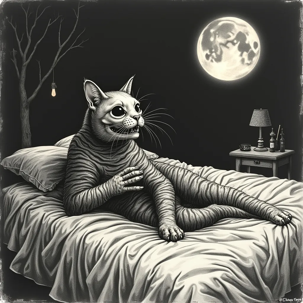 Prompt: "Bury the cat’s skull under yer bed, or the devil’ll dance in yer dreams!" m. c. escher style  