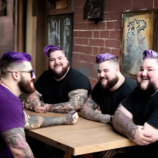 Prompt: Several handsome happy young men sitting at a table with purple hair, The men are all fat & frumpy, They all have nose rings and random tattoos, 
