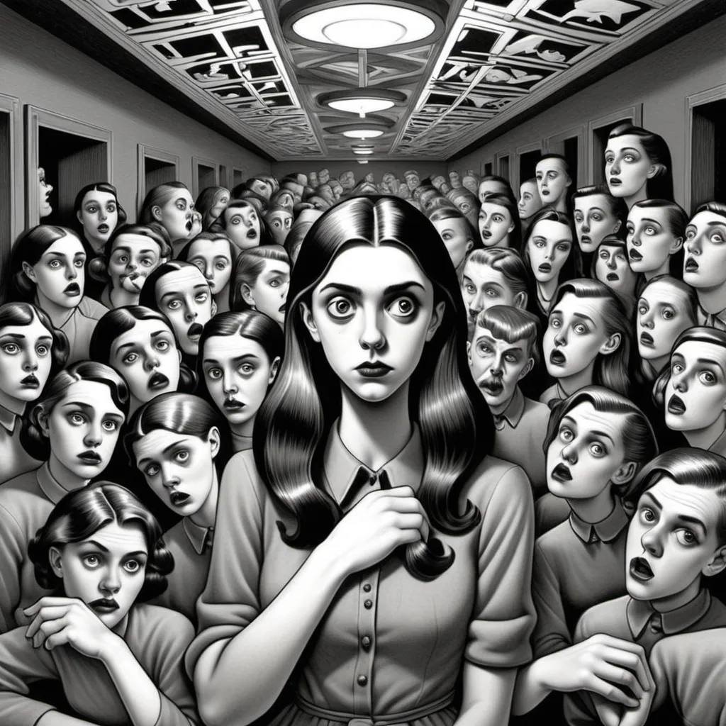 Prompt: psycho girlfriend gets jealous, ruins her friend group & her life, m. c. escher style