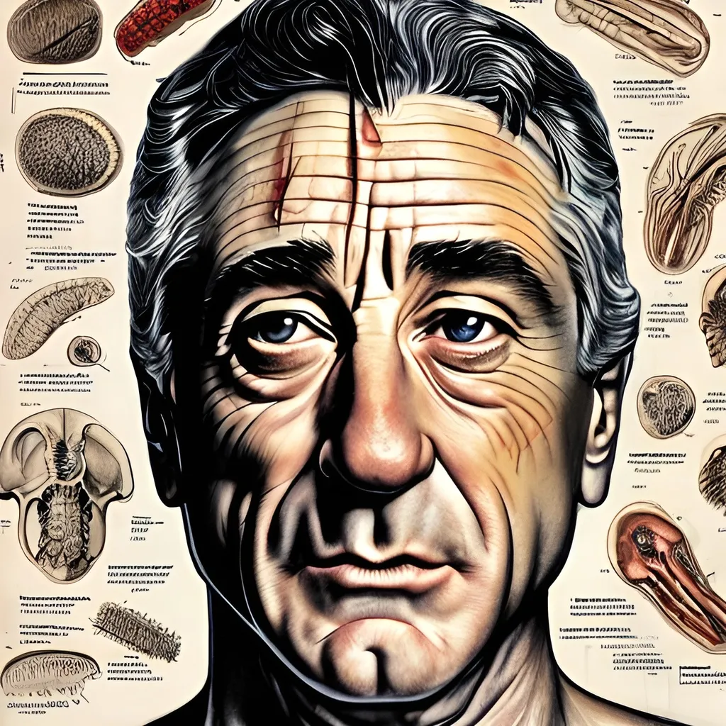 Prompt: Anatomy of Robert DeNiro, dissection Scientific illustration from a biology book