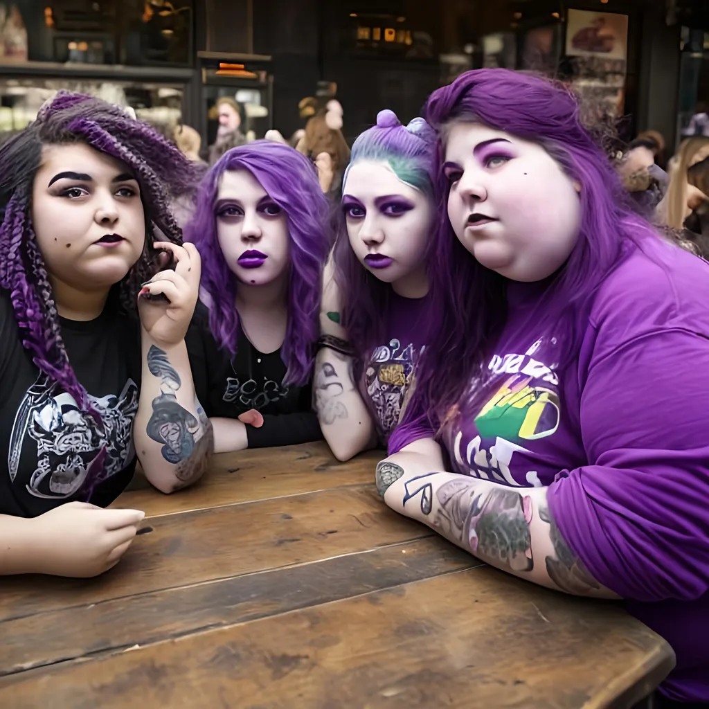 Prompt: Several young females sitting at a table with purple hair, The females are all fat & frumpy, They all have nose rings and random tattoos, 