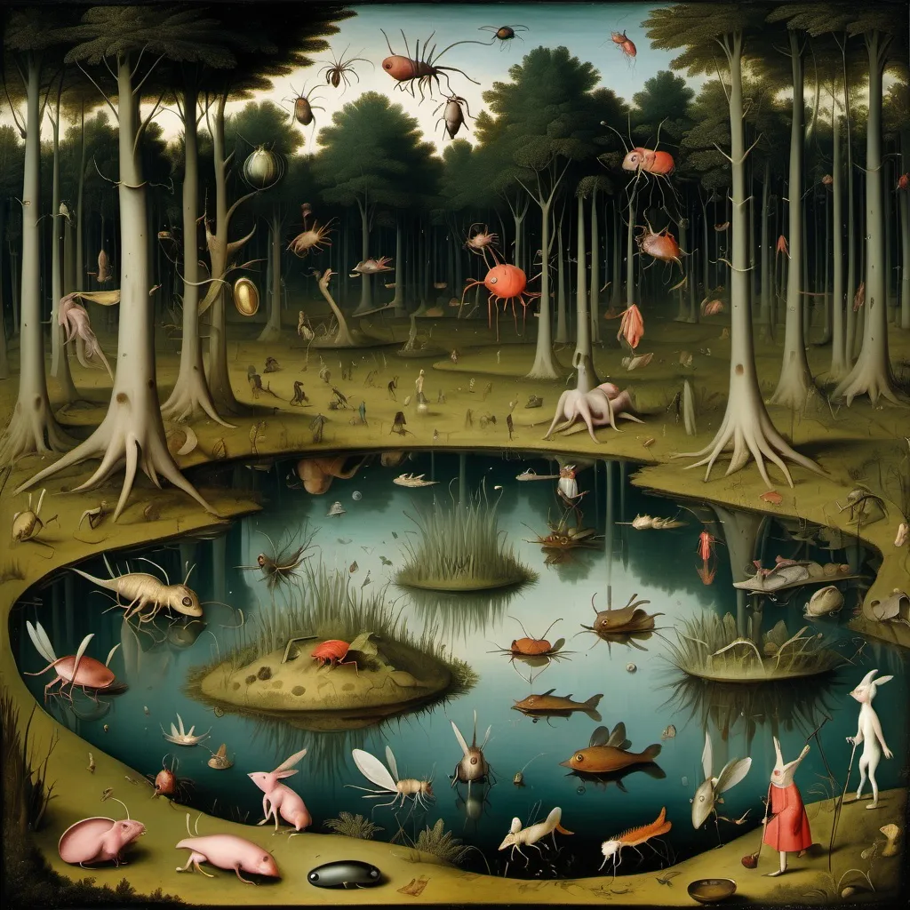 Prompt: in a forest clearing is a pond teeming with bizarre pond creatures, emerging from the pond and walking about the forest, Hieronymus Bosch style