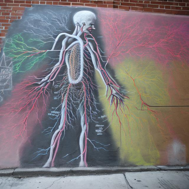 Prompt: a sidewalk chalk painting of a complete human cardiovascular system, banksy style 