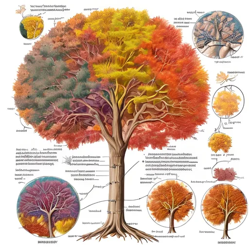 Prompt: Anatomy of colorful tree in the fall, dissection Scientific illustration from a biology book