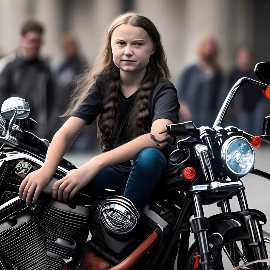 Prompt: biker Greta Thunberg sitting on an elaborate Harley Davison motorcycle, 