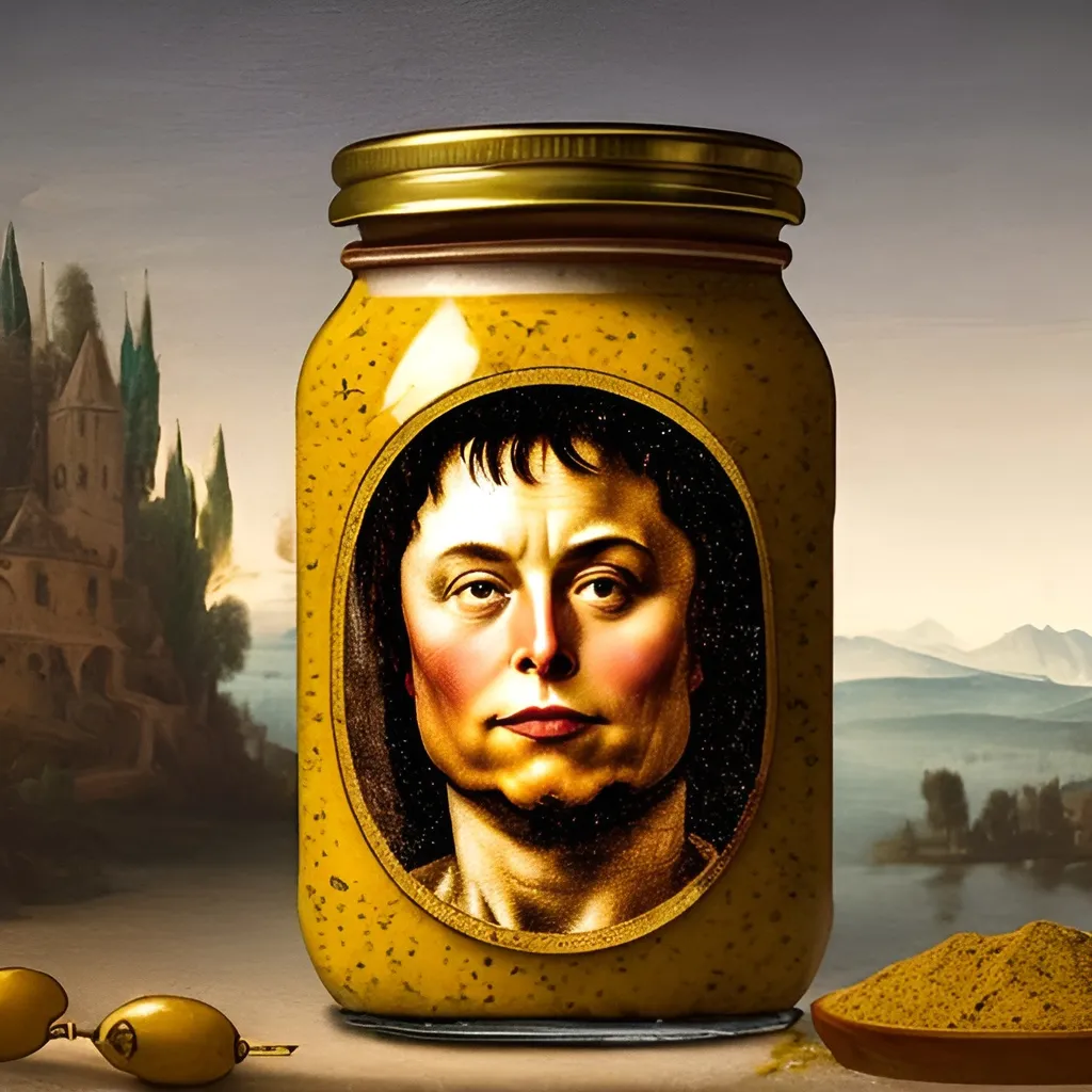 Prompt: a jar of mustard shaped like Elon Musk's head, Leonardo da Vinci style