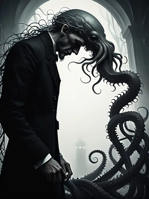 Prompt: (Lovecraftian style), ethereal and cosmic atmosphere, dark and moody tones, mysterious silhouettes, subtly enhanced masculinity, intricate details, surreal elements, hints of tentacles, faint gray in hair, deeply shadowed background, ominous and alluring vibe, (highly detailed), evocative and unsettling presence.