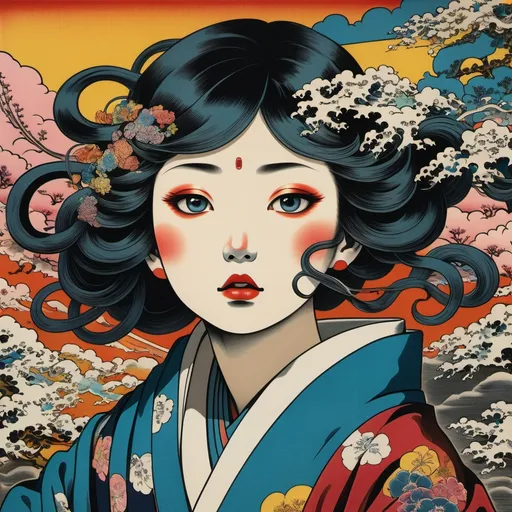 Prompt: chemical compounds coursing through my mind, racing eyes I am so blind, psychedelic pressure on my mind, flowing colors across my mind, pressure pressing my brain to see many colors I am free, free to see the end of times because it’s the beginning of times , Edmund Weiss style Utagawa Kunisada style

