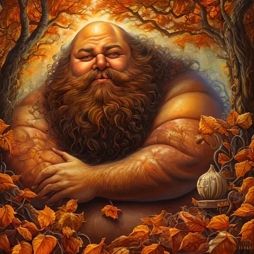 Prompt: An oil painting of the autumnal equinox, a hairy fat man surrounded by autumn leaves, an airbrush painting by Josephine Wall, deviantart, psychedelic art,
airbrush art, detailed painting, pre-raphaelite, 3d render, rococo art