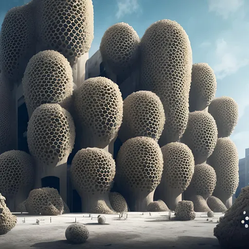 Prompt: a building built of brutalism architecture  with trypophobia windows, emerging from the trypophobia holes are maggots, trypophobia concept art, 