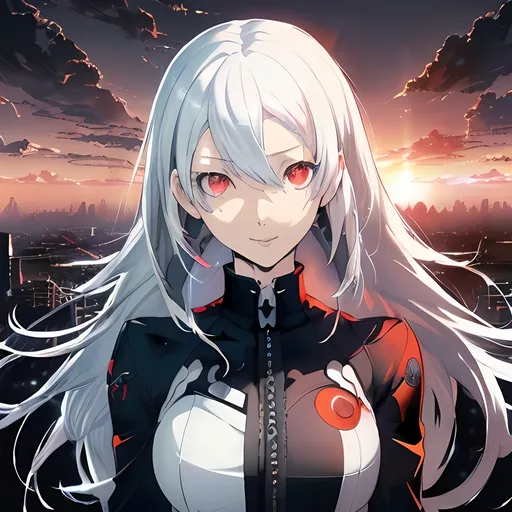 Prompt: persona 3, cover art, hyper detailed perfect face, (((HDR)), ((UHD)), ((high res)), ((64k)), in style of Shigenori Soejima, white hair, red eyes, long hair, wide smile, background of a sunset 
