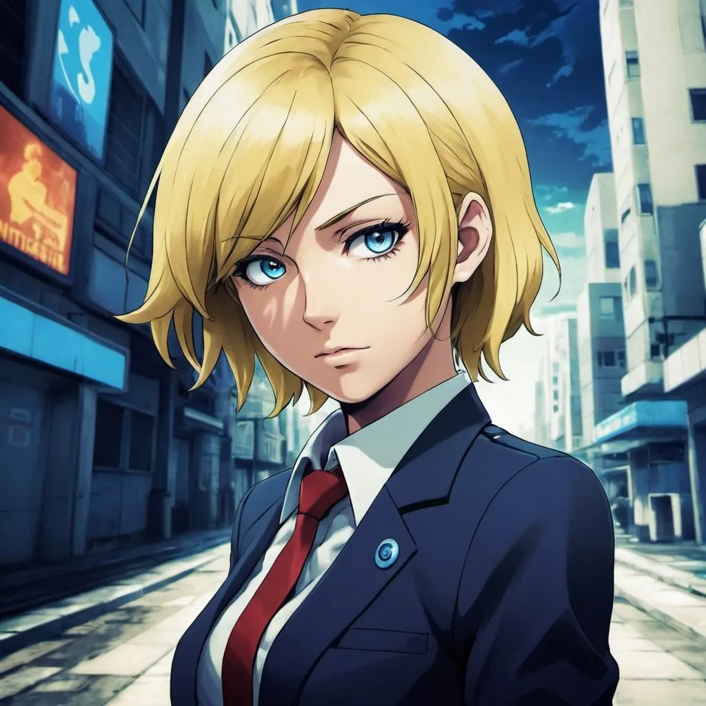 Prompt: Persona 3 Reload fan art of Mitsuru Kirijo, blonde hair, confident smirk, anime style, detailed eyes, high-quality, cool tones, intense lighting, urban background, Tartarus backdrop, stylish design, professional illustration