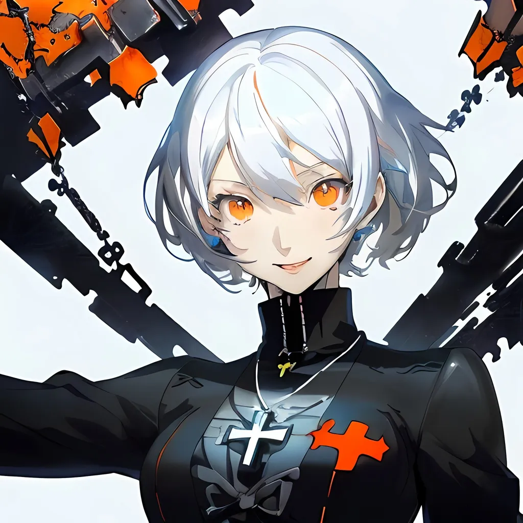 Prompt: persona 3, cover art, hyper detailed perfect face, (((HDR)), ((UHD)), ((high res)), ((64k)), in style of Shigenori Soejima, white hair, bright orange eyes, upside down cross necklace, evil smile
