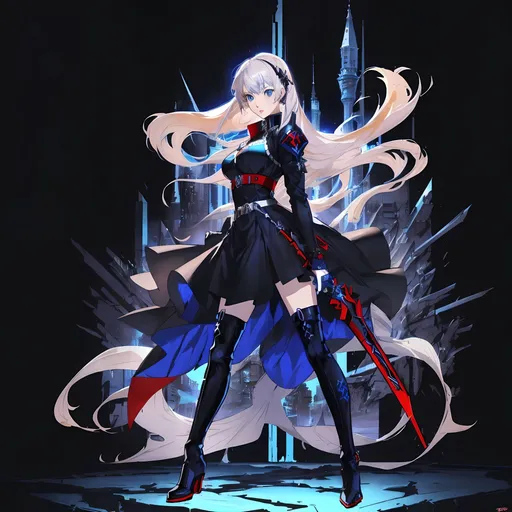 Prompt: persona 3, female character cover art, hyper detailed perfect face, (((HDR)), ((UHD)), ((high res)), ((64k)), in style of Shigenori Soejima, long platinum blonde, blue eyes, pale complexation, black dress with red knight logo, long black boots, Europe, dynamic pose, armored