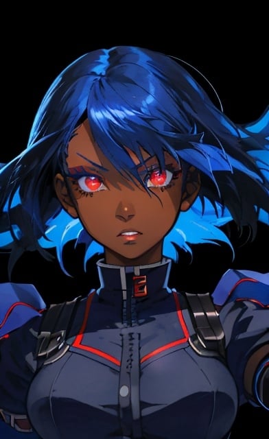 Prompt: Confident girl with dark skin, vibrant blue hair, bright red eyes, detailed facial features, intense color contrast, dynamic lighting, persona 3, anime, digital art, strong and empowering, dark city background, high contrast, vibrant colors, detailed eyes, dynamic lighting, professional, anime style, dark skin, vibrant blue hair, bright red eyes, detailed facial features, city lights, dynamic atmosphere